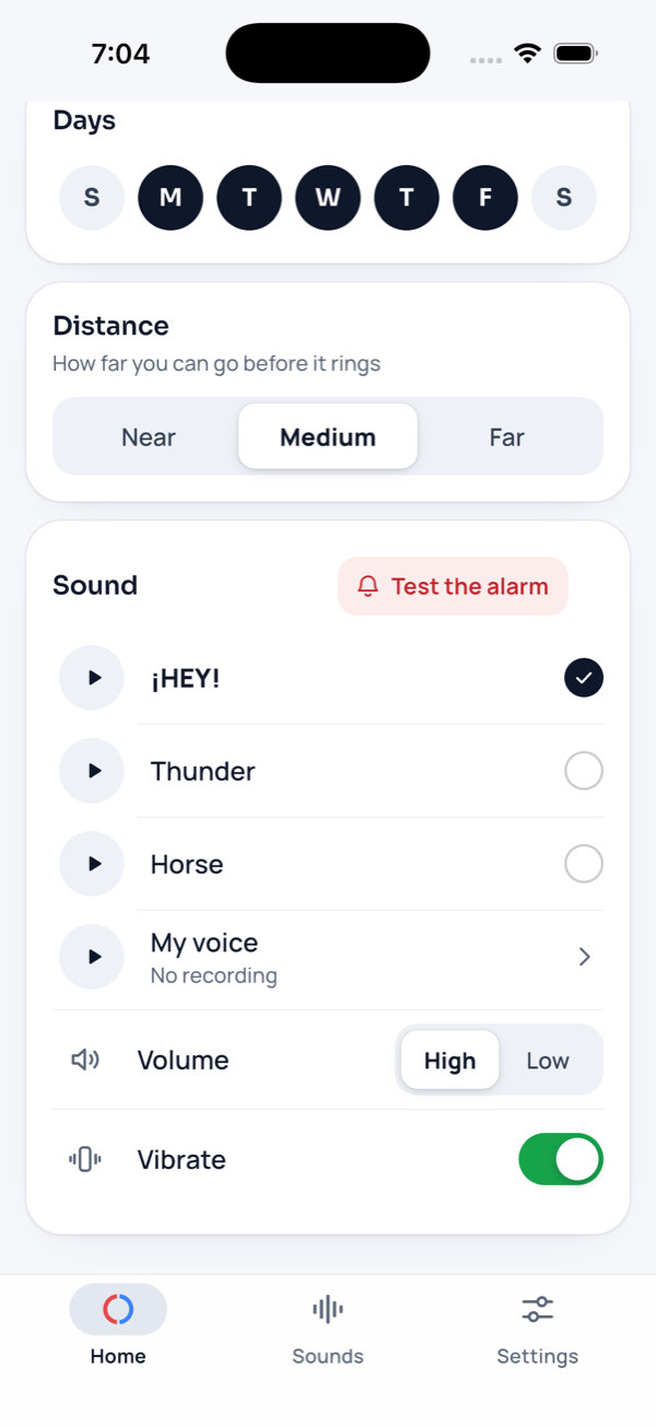 ¡HEY! Home screen: Monday to Friday, Medium distance, ¡HEY! sound, high volume and vibration on.