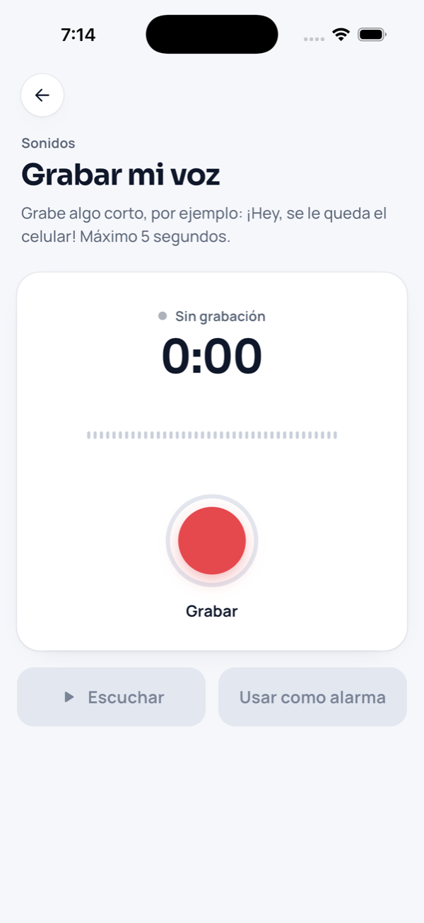 Pantalla Grabar mi voz de ¡HEY!, con el botón Grabar y un máximo de 5 segundos.